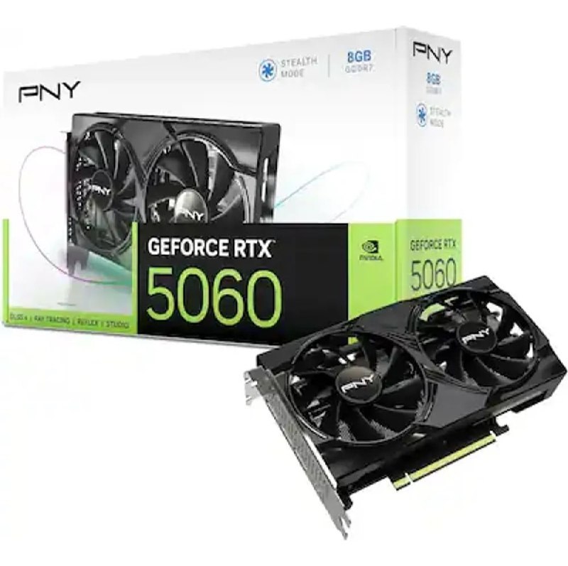 Placa de vídeo PNY GeForce RTX 5060 com 8GB de memória, dois ventiladores e design preto