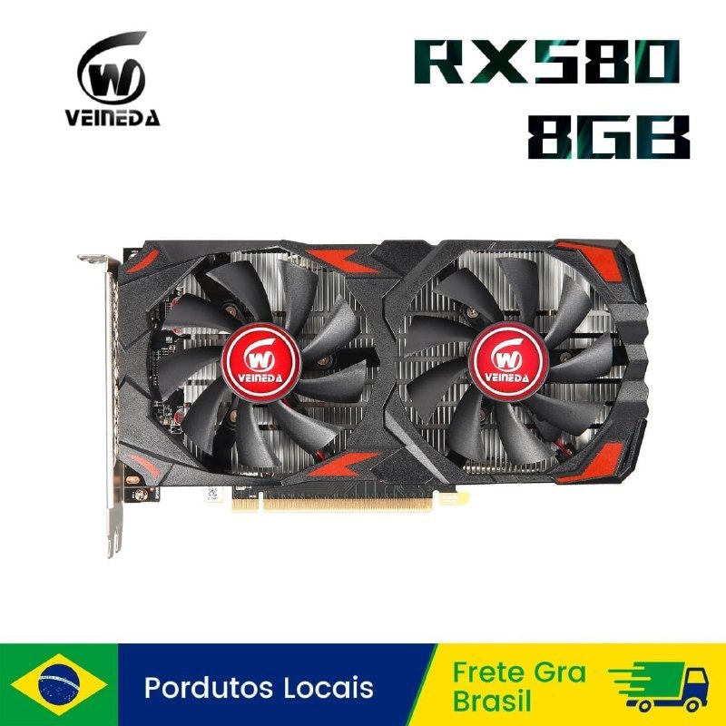 Placa de vídeo Veineda RX 580 com 8GB de memória GDDR5, design preto com detalhes vermelhos e dissipador de calor