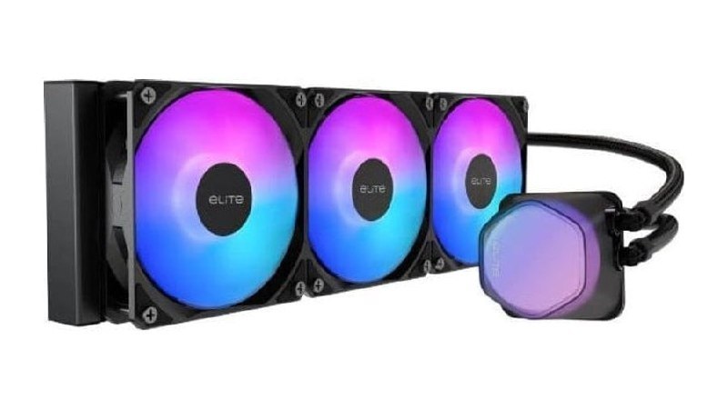 Water Cooler Cooler Master Elite Liquid 36cm com design ARGB preto, composto por bloco de água, bomba, tubos flexíveis e iluminação personalizável