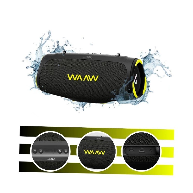 Caixa de som Bluetooth preta com detalhes em amarelo e azul, modelo Boom 110 40W RMS IPX7, com a marca WAWW by Alok