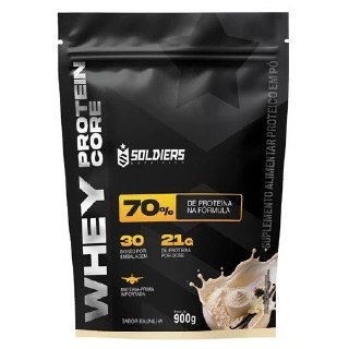 Embalagem do Whey Protein Core 70% Concentrado da Soldiers Nutrition com 900g, destacando o teor de 70% de proteína por dose