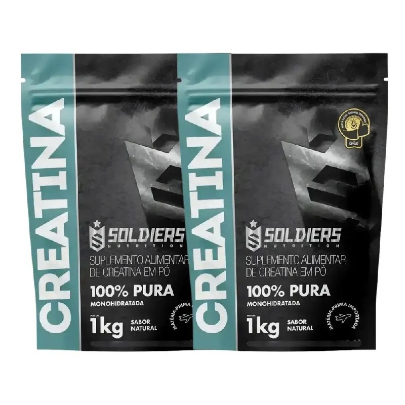 Embalagem de suplemento alimentar de creatina monohidratada 100% pura da Soldiers Nutrition, com 1kg de pó sabor natural, apresentada em dois pacotes lado a lado
