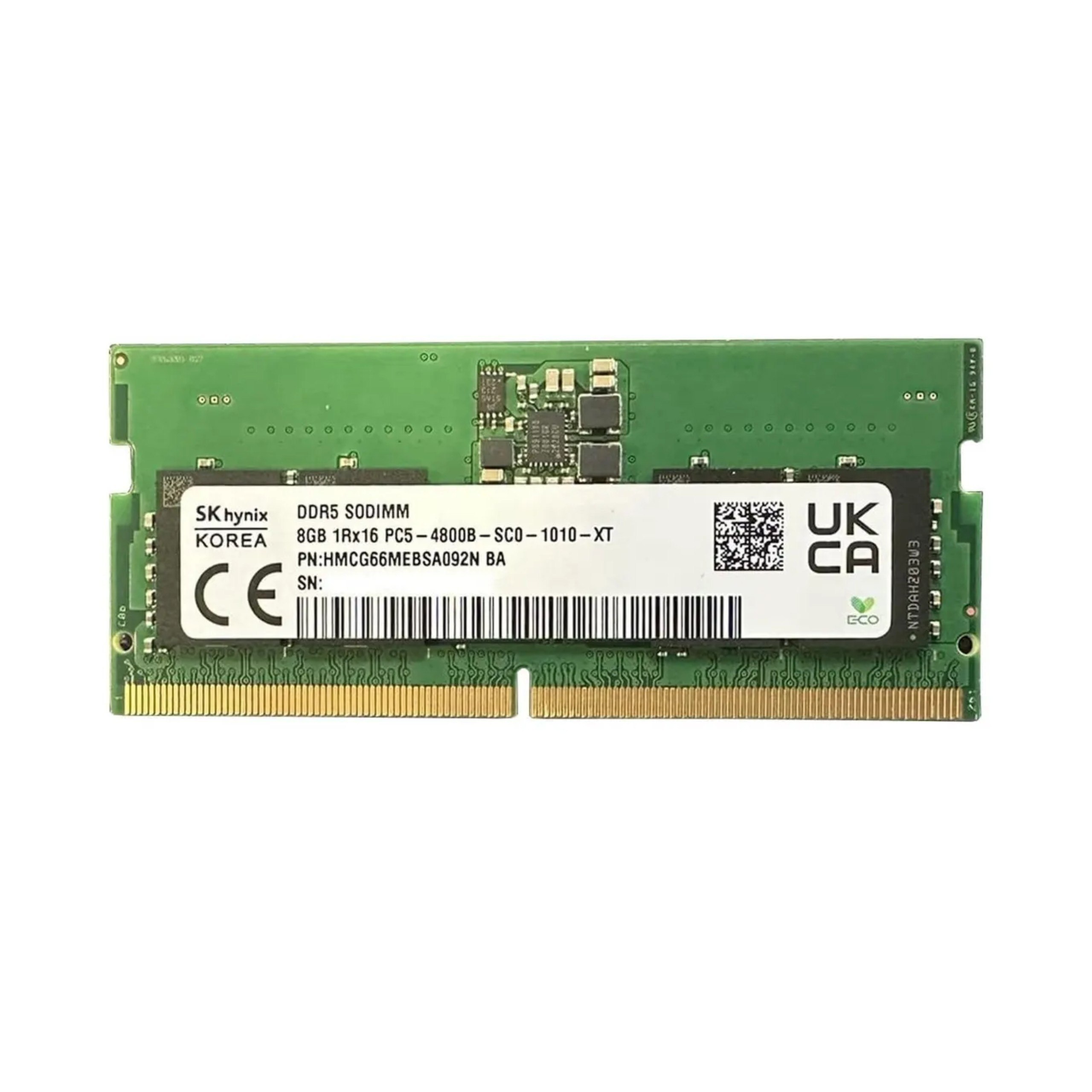 Memória RAM DDR5 SK Hynix 8GB 4800MHz para notebook, modelo HMCG66MEBSA092N, em formato SODIMM com 260 pinos