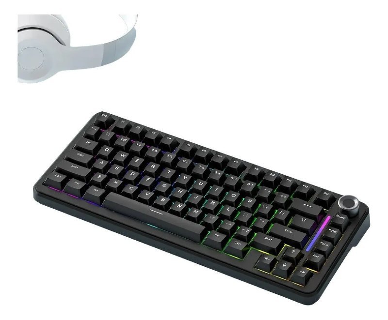 Teclado mecânico sem fio F75 na cor preta com teclas RGB iluminadas e layout compacto 75%