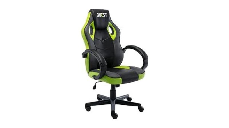 Cadeira gamer Quest Preto e Verde Fratini com design esportivo e estrutura em aço tubular