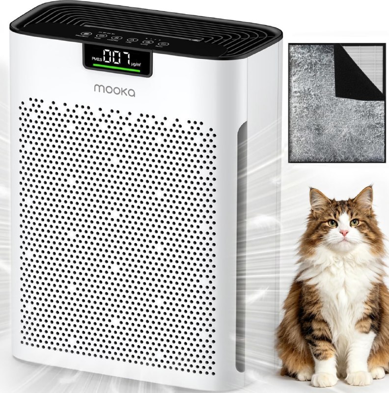 Purificador de ar Mooka KJ190 branco com display digital PM2.5, filtro interno visível e um gato sentado ao lado para ilustrar o uso em ambientes domésticos.