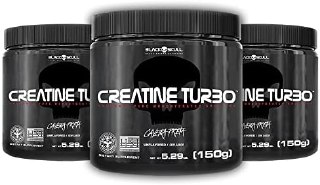 Kit com 3 frascos de Creatine Turbo da Black Skull, cada um contendo 150g de creatina monoidratada sem sabor, com design preto e detalhes em branco.