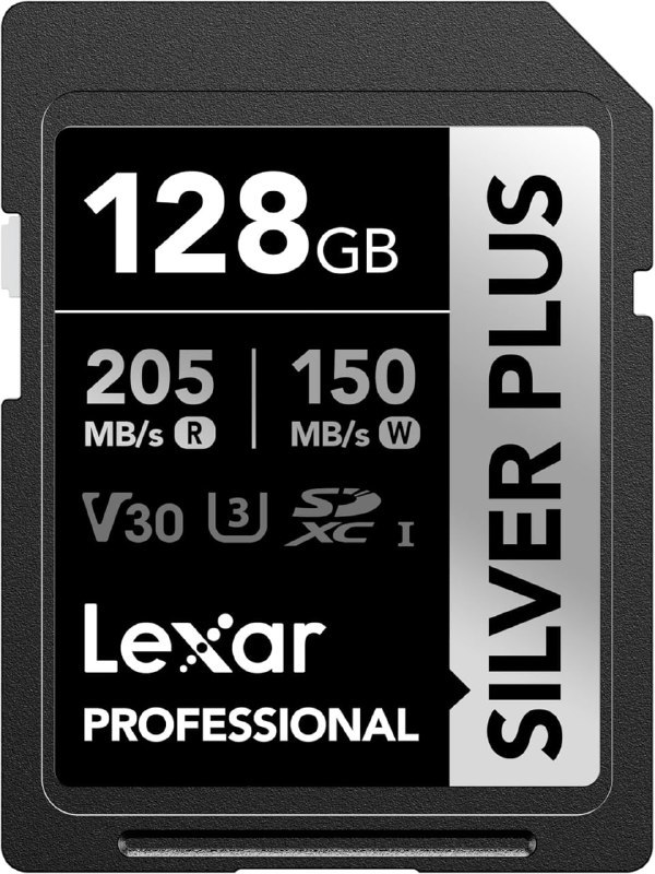 Cartão de memória Lexar Professional Silver Plus SDXC UHS-I 128GB com velocidade de leitura 205 MB/s e gravação 150 MB/s