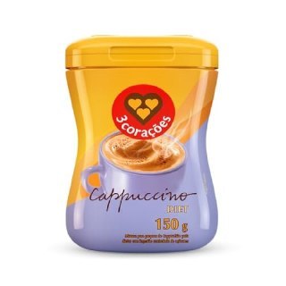 Pacote de 150g do 3 Corações Cappuccino Diet em pó, com design amarelo e vermelho, mostrando uma xícara de cappuccino na frente