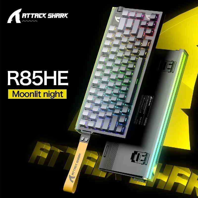 Teclado gamer Attack Shark R85HE com switches magnéticos e iluminação RGB em tom azulado, modelo Moonlit Night