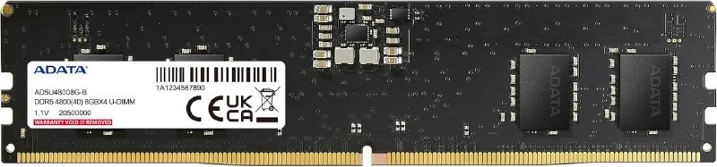 Memória RAM ADATA DDR5 8GB 4800MHz instalada em placa-mãe de desktop, com etiqueta mostrando modelo AD5U48008G-S