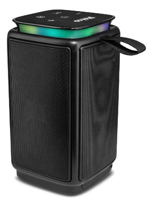 Caixa de som Philco Connection Bluetooth 5.3 com design preto e detalhes em verde, botão de controle e entrada USB