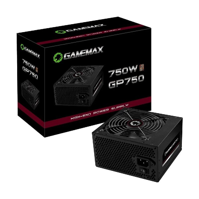 Fonte de alimentação Gamemax GP750 de 750W com certificação 80 Plus Bronze, cor preta e design robusto