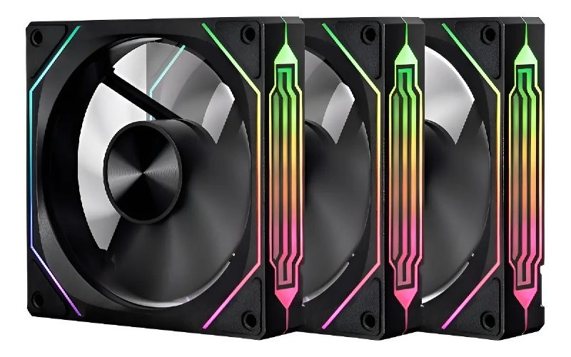 Kit de três ventoinhas Pichau Ventus Nx ARGB com iluminação personalizável, design moderno e compatíveis com gabinetes de PC.