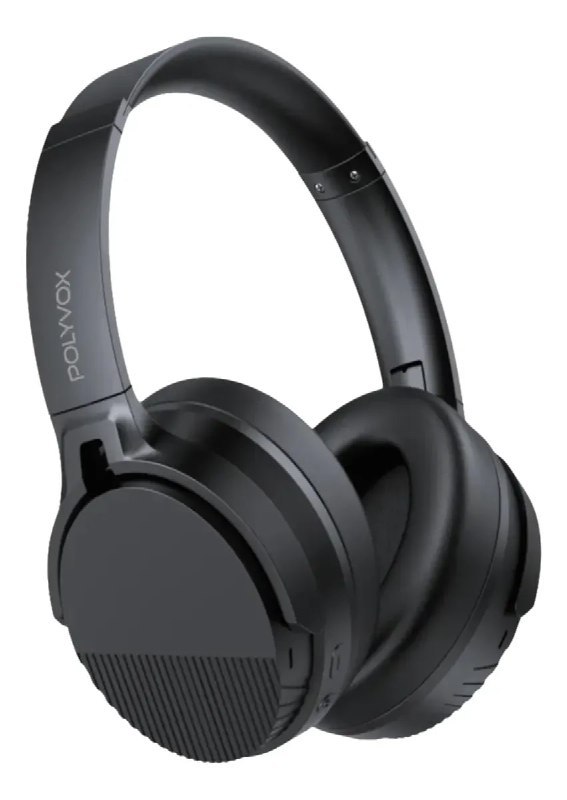 Fone de ouvido Bluetooth Polyvox com design fechado e microfone embutido, na cor preta