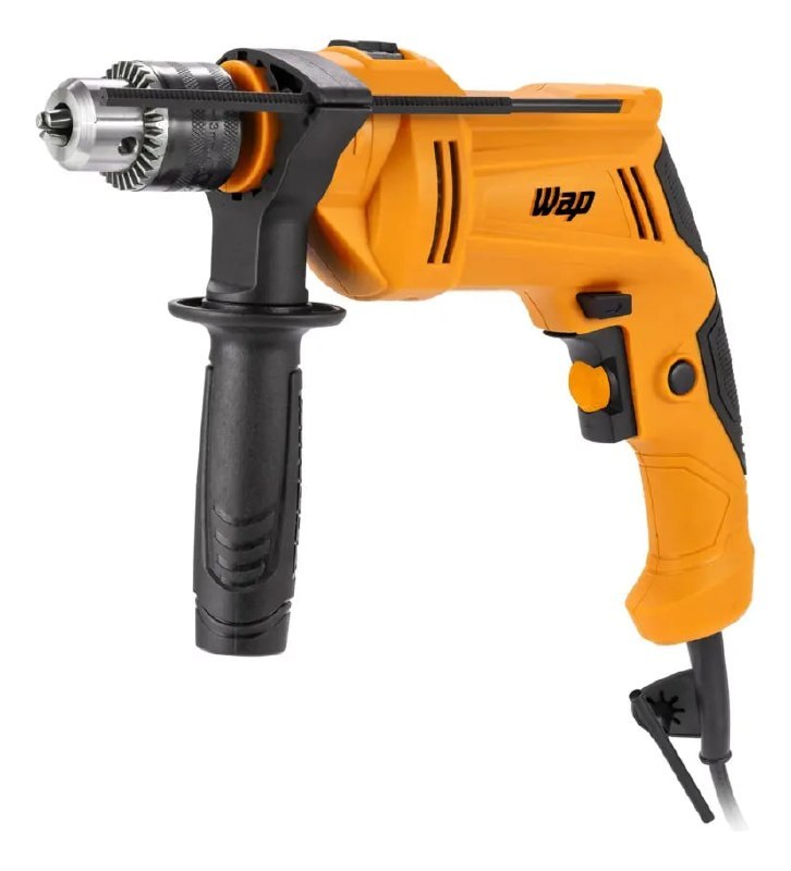 Parafusadeira e furadeira de impacto WAP WF 700 com design laranja e preto, mostrando o mandril de 1/2 polegada e detalhes do gatilho e ajuste de torque