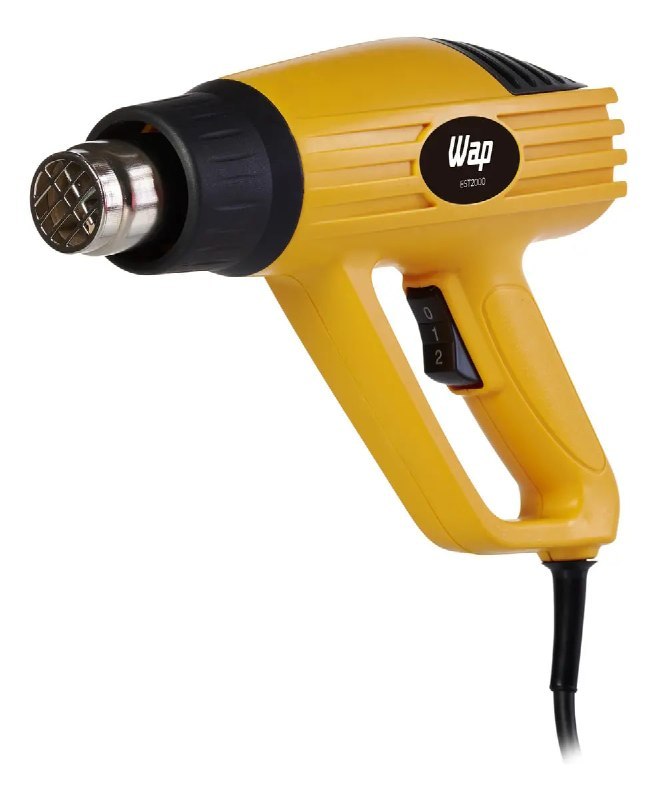 Soprador térmico profissional WAP EST2000 na cor amarela, com base de apoio e detalhes em preto, mostrando os controles de ajuste de calor e fluxo de ar