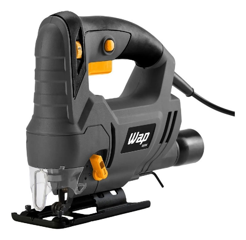 Serra Tico Tico WAP ESTT 800 com design preto e laranja, botão de trava visível e cabo de alimentação