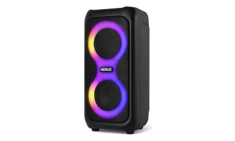 Caixa de som Bluetooth portátil com dois alto-falantes de 10W, design compacto e botões de controle na parte superior