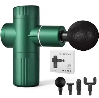 Mini massageador de bolso verde com design compacto e acessórios de uso