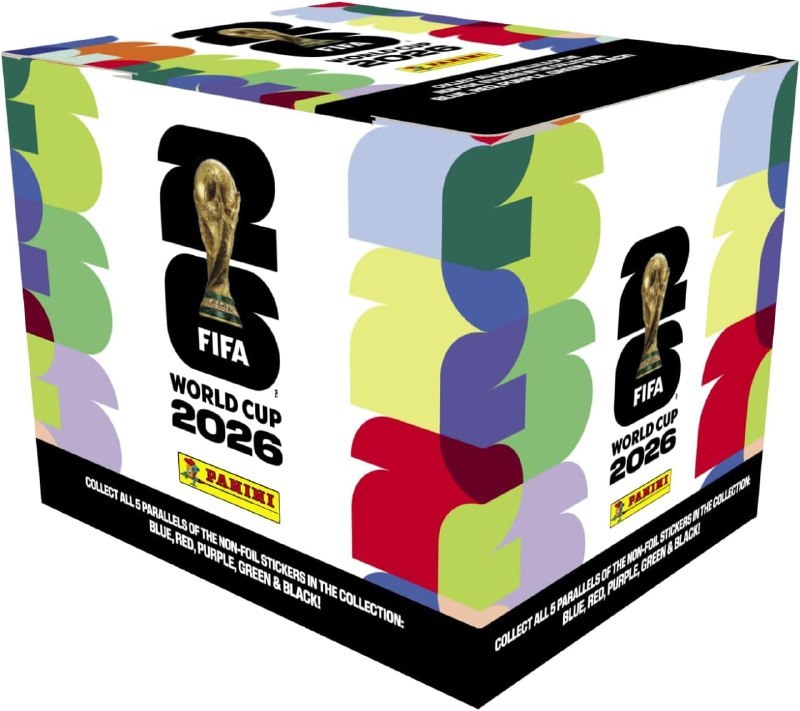 Caixa de coleção com 50 pacotes de adesivos oficiais da Copa do Mundo Panini 2026, com design colorido e tema esportivo