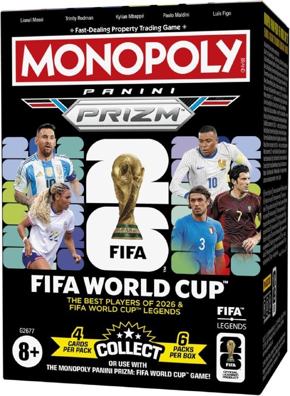 Caixa do jogo de cartas colecionáveis Monopoly Panini Prizm: FIFA World Cup Trading Cards, com imagens de jogadores de futebol como Lionel Messi, Kylian Mbappé e outros, destacando os pacotes de cartas incluídos.