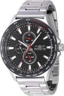 Relógio masculino Invicta Racing com caixa de 44mm em aço inoxidável, mostrador preto com detalhes vermelhos e pulseira de metal prateada.