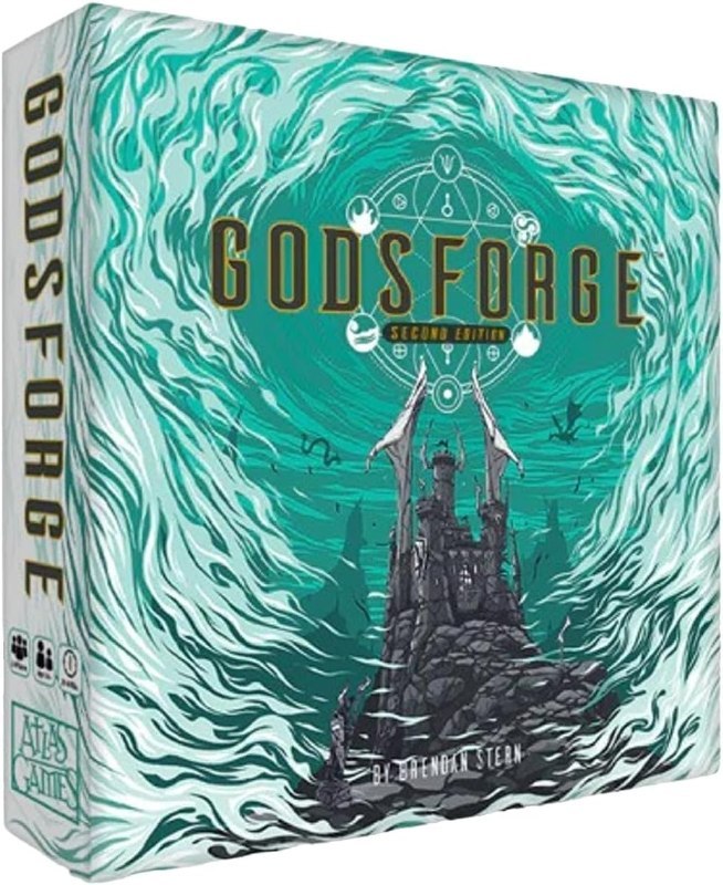 Capa do jogo de tabuleiro Atlas Games Godsforge 2nd Edition com arte de fantasia épica, mostrando personagens, criaturas e elementos mágicos em destaque