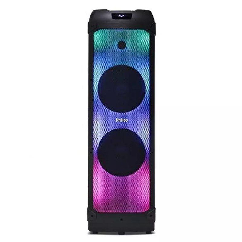 Caixa de Som Philco Extreme 2400W com dois woofers PCX22000, design preto e rosa, botões de controle na parte superior