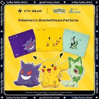 Mousepad ATK Gear Pokémon Co-Branded com design de Pikachu, Gengar e Sprigatito em fundo amarelo