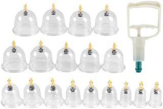 Kit de 18 ventosas de plástico transparente e uma bomba de sucção manual, dispostos sobre fundo branco