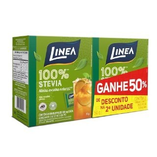 Kit de adoçantes Linea Stevia Pó 100% natural em embalagem verde com destaque para a promoção de 50% de desconto na segunda unidade