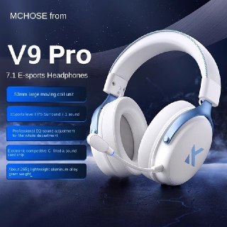 Headset gamer Mchose V9 Pro na cor branca com detalhes em azul, microfone acoplado e especificações técnicas listadas ao lado.