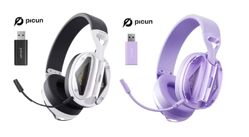Headset sem fio Picun-G1 com design ergonômico e cancelamento de ruído ativo, disponível em cores preta e roxa