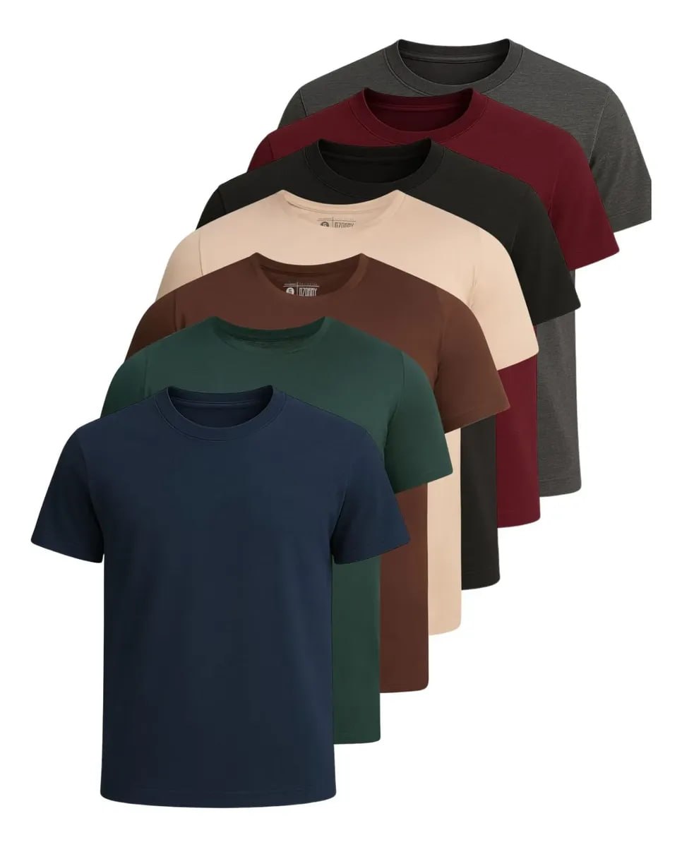 Kit com 7 camisetas masculinas básicas em cores neutras, feitas de algodão premium fio 30.1, dispostas em montagem sobre fundo branco