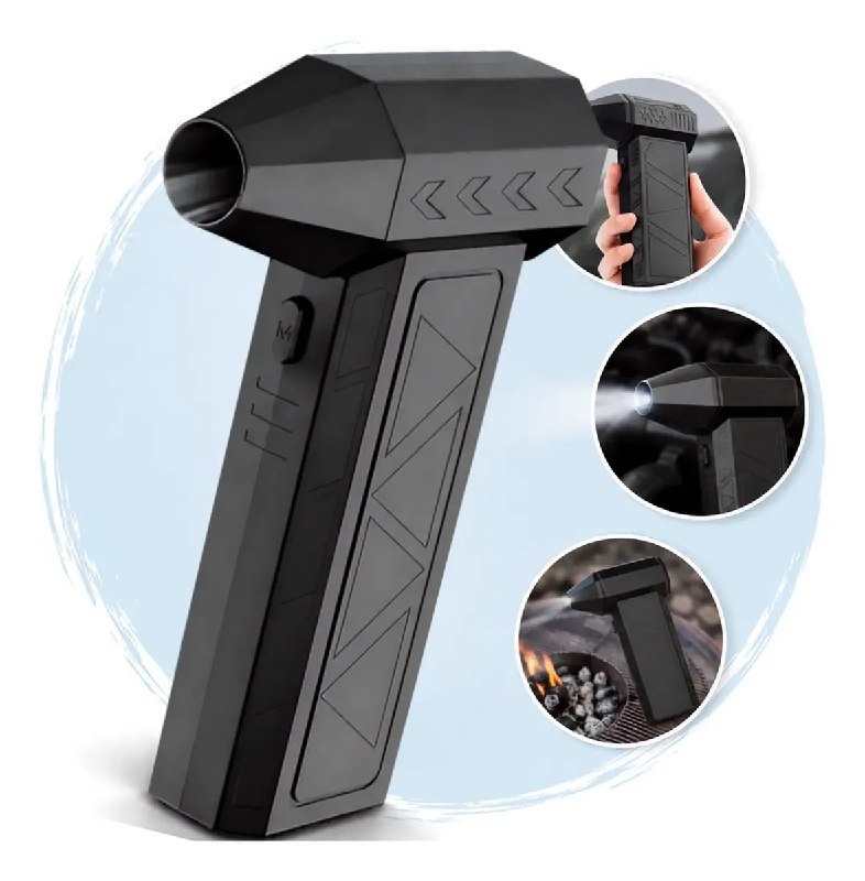 Mini soprador ar turbo portátil sem fio com luz integrada, na cor branca, com controle de intensidade ajustável e design compacto para uso em viagens ou ambientes internos.