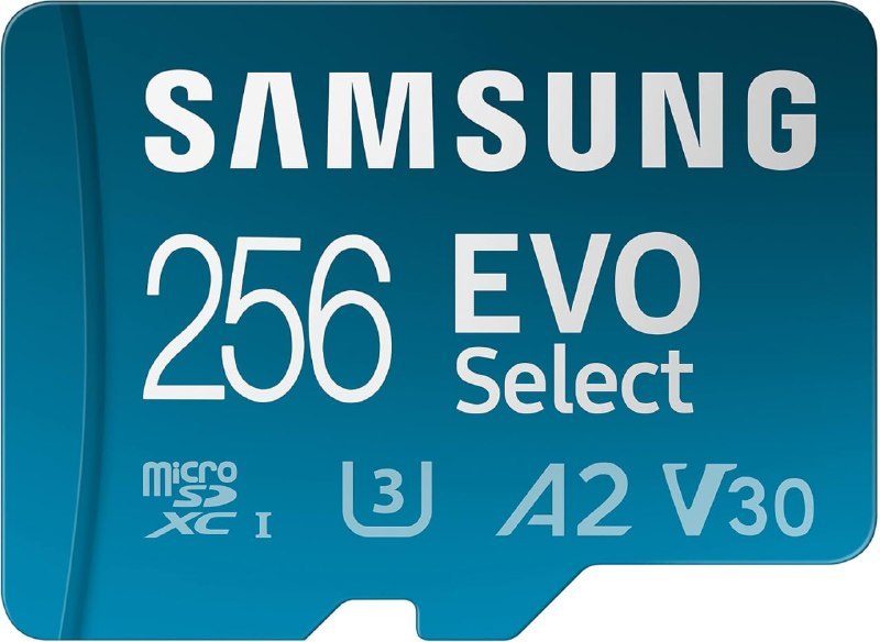 Cartão de memória microSDXC Samsung EVO Select 256GB com adaptador incluído, exibindo a marca e capacidade na embalagem azul