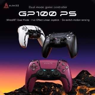 Controle sem fio Ajazz GP100 PS Dual Mode com joystick Hall Effect e seis sensores de movimento, exibido em fundo azul com iluminação colorida