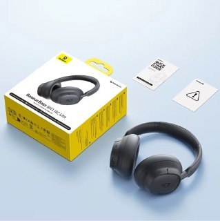 Fone de ouvido Baseus Bass BH1 NC Lite com design preto e detalhes em amarelo, apresentado em caixa amarela e embalagem branca