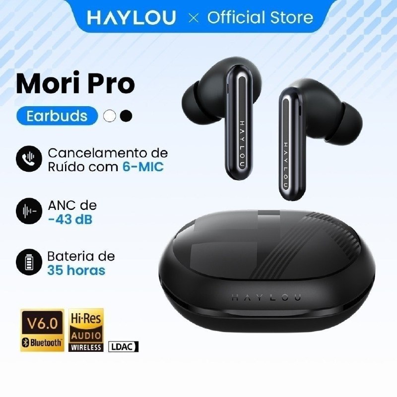 Fones de ouvido sem fio Haylou Mori Pro na cor preta, com design moderno e botão de controle na haste