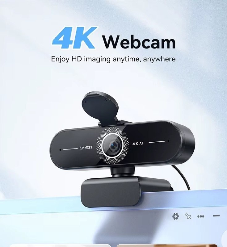 Webcam Emeet C60e 4K com design preto, lente central e microfone integrado, conectada via USB