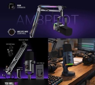 Microfone Fifine Am8 Pro com braço articulado RGB e suporte para áudio 24 bits