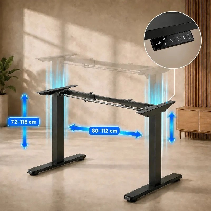 Estrutura de mesa elétrica ajustável LuvinCo em cor preta, com regulagem de altura entre 72 cm e 118 cm, compatível com TVs de 32 a 55 polegadas, e design ergonômico para uso doméstico.