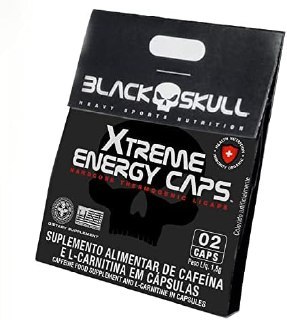 Display com 24 cápsulas de suplemento alimentar XTREME ENERGY CAPS da Black Skull, embalagem preta com detalhes em vermelho e branco