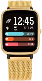 Relógio smartwatch Mormaii dourado com tela digital mostrando hora, data e informações de atividades físicas
