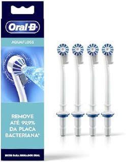 Pacote com 4 bicos brancos Aquafloss da Oral-B para WaterFlosser, com destaque para a marca e a indicação de remoção de placa bacteriana