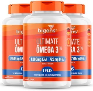 Frascos de suplemento Bigens Ultimate Ômega 3 TG com cápsulas de ômega 3, contendo 1.080mg de EPA e 720mg de DHA por dose, em embalagem com 3 frascos de 60 cápsulas cada.