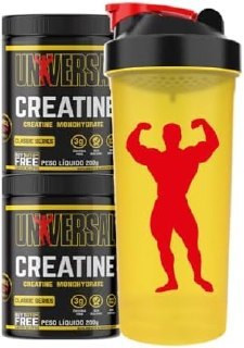 Frasco de Creatina Monohidratada Universal 400g com coqueteleira vermelha ao lado