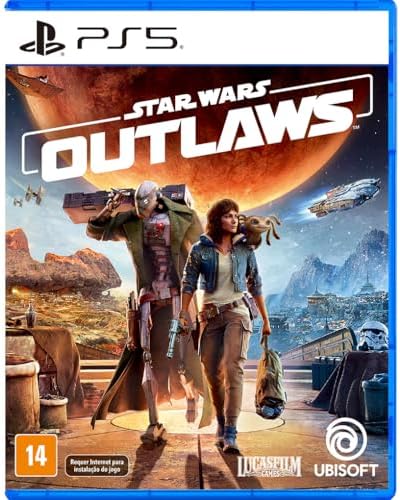 Capa do jogo Star Wars Outlaws para PlayStation 5 com personagens principais e cenários do jogo
