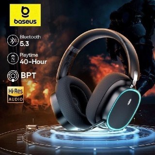 Headset sem fio Baseus GH02 na cor preta, com design ergonômico e almofadas acolchoadas, posicionado sobre uma superfície reflexiva